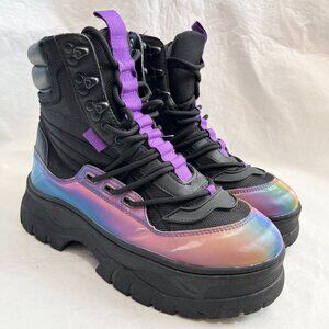 ASOS platform combat boot mens 8 black purple iridescent lace up chunky padded